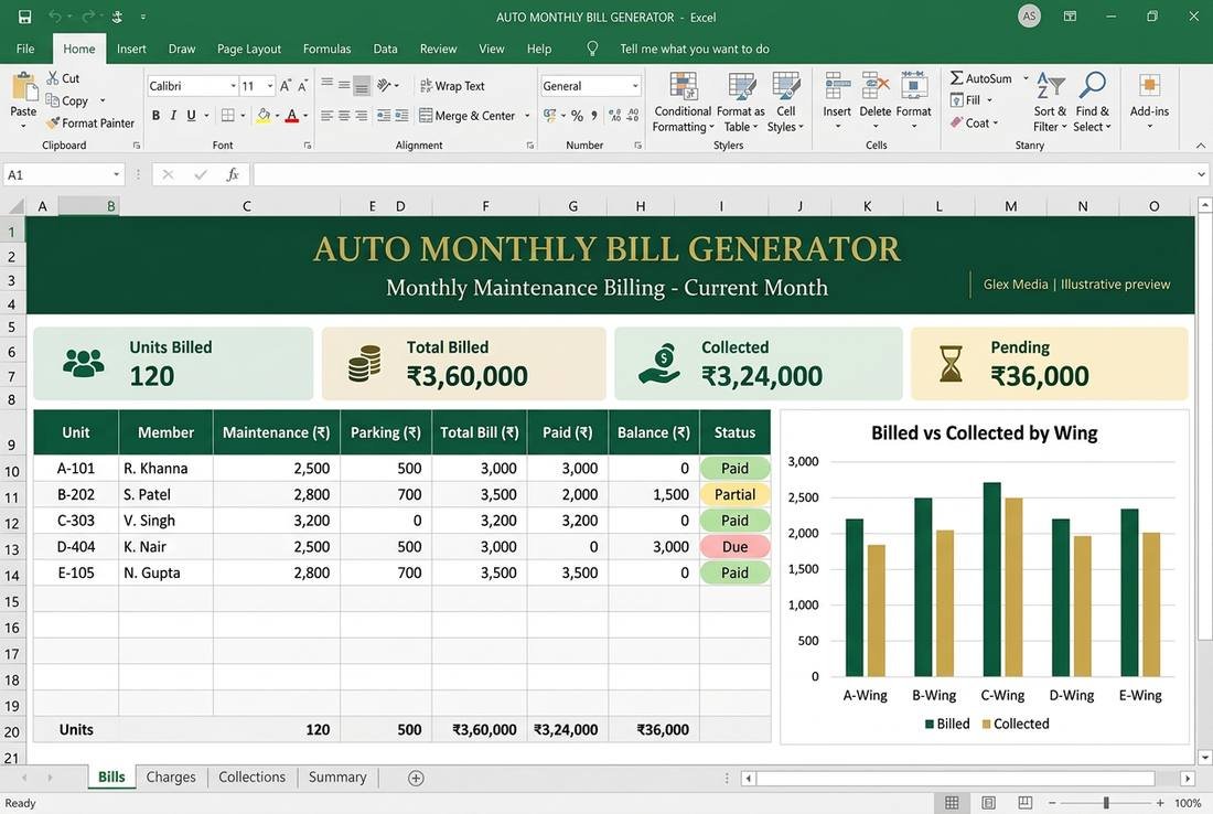 Auto Monthly Bill Generator — Module 8 · Dues & billing dashboard preview